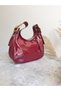 : Women's Patent Leather Claret Red Belt Detailed Baguette Handbag - 3