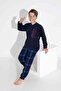 Men's Navy Blue Plaid Patterned Long Sleeve Father-Sohn Fleece Fabric Winter Warm Pajamas Set - 3