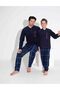 Men's Navy Blue Plaid Patterned Long Sleeve Father-Sohn Fleece Fabric Winter Warm Pajamas Set - 4