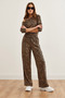 Women's Leopard Stone Top Boat Neck Blouse Bottom Palazzo Pants Set Tkm-19000311 - 5