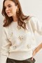 Women's Ecru Yellow Floral Embroidered Soft Textured Knitwear Sweater Kzk- 19000842 - 3