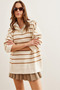 Women's Ecru Camel Zippered High Collar Striped Oversize Knitwear Sweater Kzk-19000847 - 4