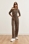 Women's Leopard Stone Top Boat Neck Blouse Bottom Palazzo Pants Set Tkm-19000311 - 4