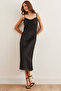 Women's Black Strap Adjustable Midi Satin Dress Elb- 19002270