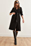 Women's Black Belted Lined Pocket Premium Stamp Coat Kbn- 19000013 - 4