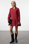 Bordo Shift/Düz Kesim V Yaka Eteği Volanlı Belmando Mini Dokuma Elbise TWOAW25EL00235