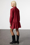 Bordo Shift/Düz Kesim V Yaka Eteği Volanlı Belmando Mini Dokuma Elbise TWOAW25EL00235 - 5