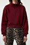 Burgundy Relaxed Fit Crop Zippered High Neck Thick Fleece Lined Knitted Sweatshirt Twoaw24Sw00221 - 4