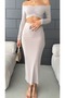 Women's Boat Neck Long Sleeve Gathered Crop Blouse and Long Skirt Bottom-Top Set Beige - 6