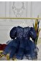 Navy Blue Sequined Fluffy Dress - Girl, Short Balloon Sleeve - 4