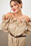 Beige Open Shoulder Belt Detailed Buttoned Dress - 2
