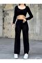 Women's Black Modal Fabric Crop Top Wide Leg Pants Casual Daily Two-Piece Set 7101 - 2