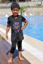 1709-1 Printed Short Sleeve Children's Pool Swimsuit-Black-Black - 2