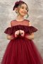 Girl's Burgundy Evening Dress with Transparent Collar, Open Shoulders, and Guipure Embroidery on the Chest and Sleeves - 3