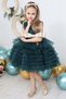Girl's Glittery Bow Detailed Layered Tulle Green Evening Dress