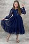 Girl's Navy Blue Evening Dress with Transparent Sleeves, Pearl Beaded Neck and Ruffled Hem - 3