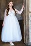 Girl's White Evening Dress with Sequin Embroidery on the Top and Transparent Tulle Sleeves with Buckle Detail - 5