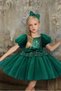 Girl's Balloon Sleeve Green Evening Dress with Sequin Detail and Fluffy Skirt - 5