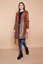 Belted Ecological Faux Leather Long Below Knee Sports Jacket Trench Coat-Tan - 2
