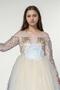 Girl's Beige Evening Dress with Sequin Embroidery on the Top and Transparent Tulle Sleeves with Buckle Detail - 2
