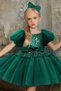 Girl's Balloon Sleeve Green Evening Dress with Sequin Detail and Fluffy Skirt - 3
