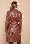 Belted Ecological Faux Leather Long Below Knee Sports Jacket Trench Coat-Tan - 5