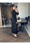 Women's Black Steel Knitted Fabric Side Tie Slit Maxi Length Long Sleeve Dress - 4