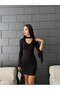 Women's Sleeves Flounced Neck Band Detailed Low-Cut Mini Dress Black