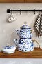 Double lid blue flower enamel teapot set, gold handle enamel teapot set