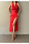 Slit Detailed Halter Neck Evening Dress