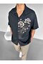 Men's Oversized'Young Atelier' Printed Flower Pattern Shirt Black - 2