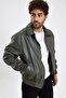 New Season Men's Khaki Green Leather Coat Mz58529 - 5