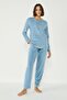 Velvet Crew Neck Long Sleeve Pocketed Pajama Set 403091 Blue - 3