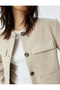Round Neck Buttoned Pocketed Textured Stamped Crop Jacket - 5