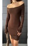 Women's Boat Neck Slit Long Sleeve Mini Dress Brown - 4