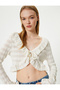 Madonna Collar Off-The-Shoulder Blouse Crop Openwork Lacing Detail Ruffles