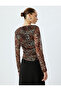 Tulle Blouse Leopard Patterned Long Sleeve Draped Slim Fit - 4