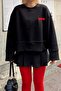 Black 3 Heart Printed Piş Stitching Women's Crop Sweatshirt - 4