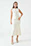 Flexible Knit Fabric Buttoned Sleeveless Vest and High Waist Midi Length Skirt Ecru Double Knit Set 5155 - 8