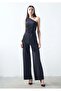 Asymmetric One Shoulder Jumpsuit with Side Zipper with String Detail with Belt from Own Fabric - 4