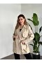 Women's Beige Medium Length Belted Leather Trench Coat 2377