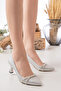 Women's Low Heeled Silver Stone Shoes - 3