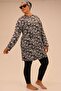1727 Model - Large Size Black Hijab Swimsuit Set, Long Sleeve and Leaf Pattern - 5