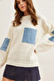 Women's Ecru Blue Denim Decorated Loose Knit Sweater with Pockets Kzk-19000837 - 3