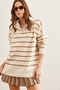 Women's Ecru Camel Zippered High Collar Striped Oversize Knitwear Sweater Kzk-19000847 - 2