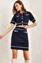 Women's Navy Blue Accessory Pocketed Bottom Top Knitwear Set Tkm- 19000312 - 5