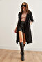Women's Black Belted Lined Pocket Premium Stamp Coat Kbn- 19000013 - 2