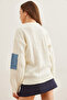 Women's Ecru Blue Denim Decorated Loose Knit Sweater with Pockets Kzk-19000837 - 5