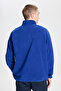 Men's Cobalt Blue Oversize Loose Cut Stand-Up Bato Collar Pocket Detailed Zipper Cold-Proof Fleece Sweatshirt - 5