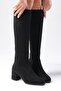 Black Color Suede Side Zipper, Thin Faux Fur Lined Women's Heeled Boots - 2